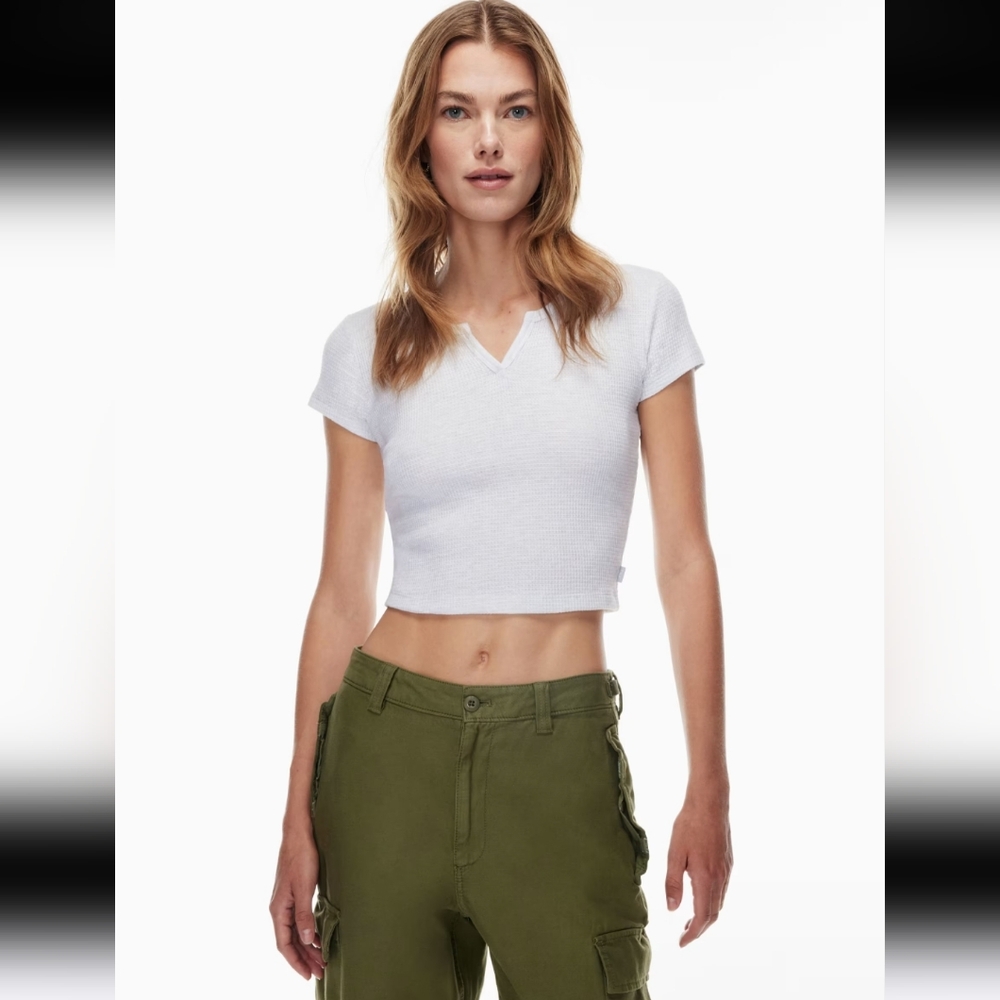 TNA White Cropped Waffle Baby Tee